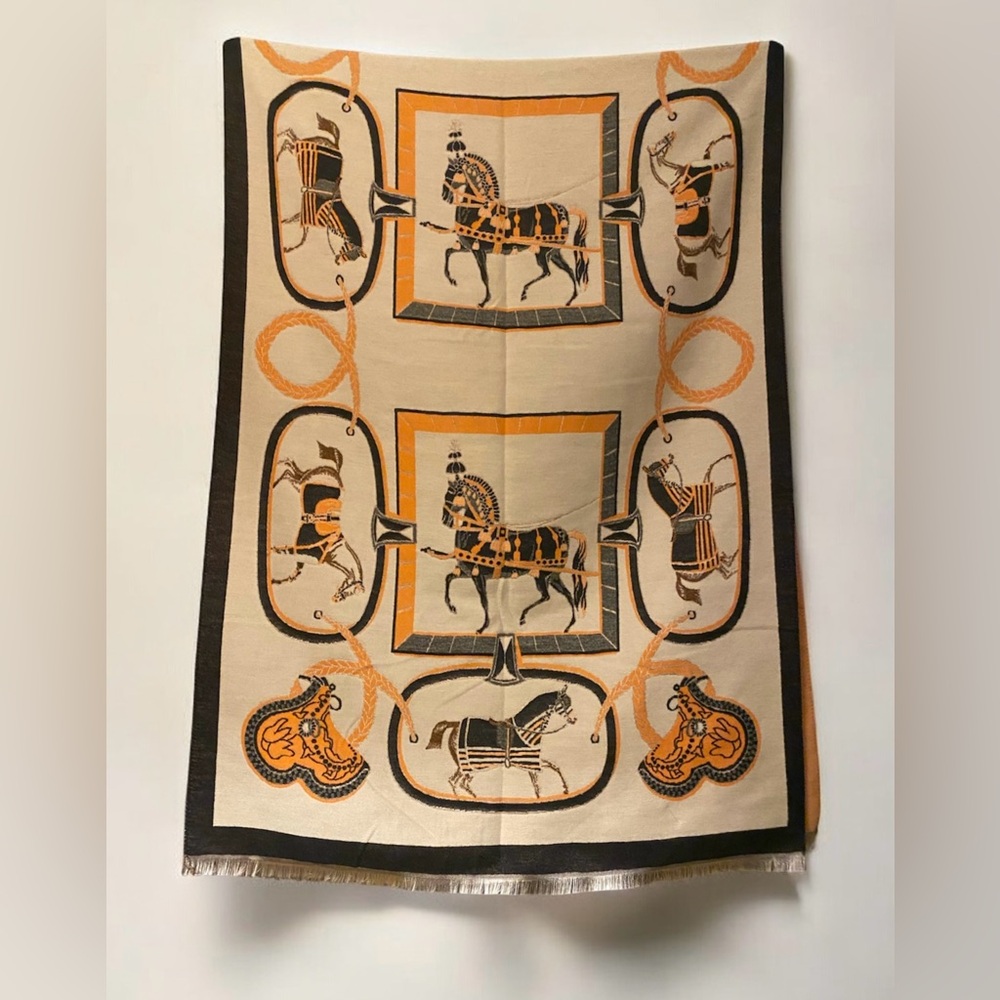 Stylish Tan, black & orange Equestrian Scarf with horses.